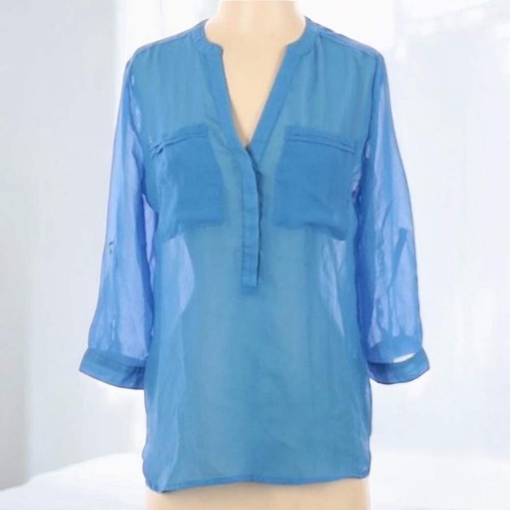 Apt. 9 Sheer Long Sleeve Blouse in Ocean Blue | Lightweight Work Top | Size S